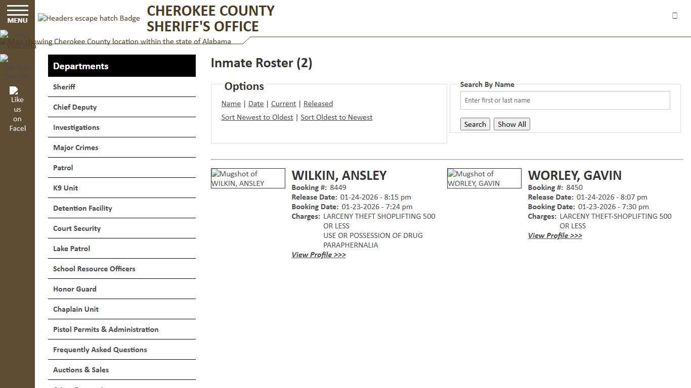 Inmate Roster - Released Inmates Booking Date Descending - Cherokee County Sheriff AL